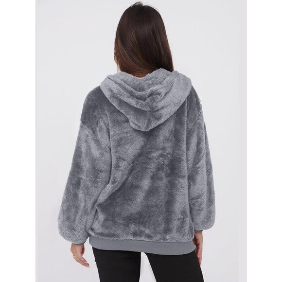 Women Dark Gray Oversized Fuzzy Fleece Zip up Hoodie Sweatshirt - Picture 5 of 5